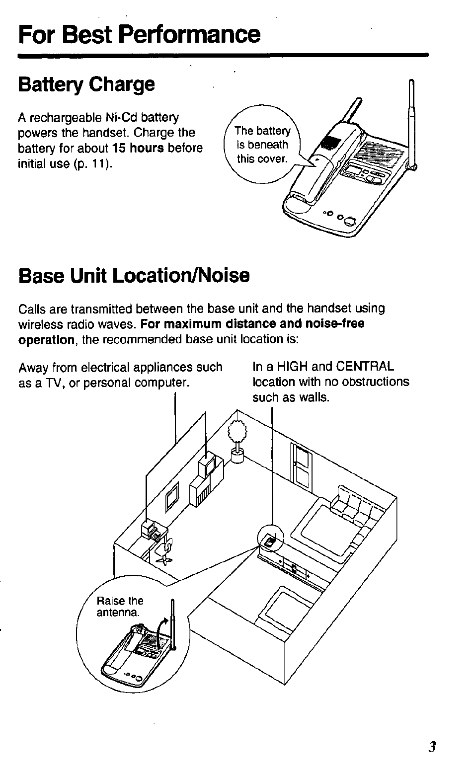 For best performance, Battery charge, Base unit location/noise | Panasonic KX TC1503B User Manual | Page 3 / 56