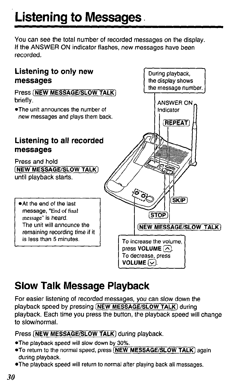 Listening to messages, Listening to only new messages, Listening to all recorded messages | Slow talk message playback | Panasonic KX TC1503B User Manual | Page 30 / 56