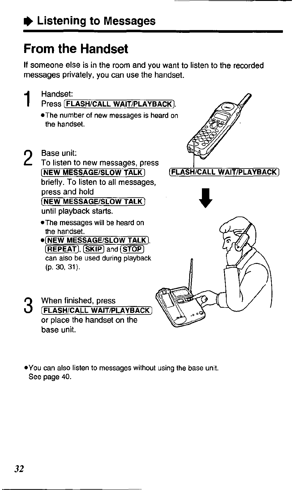 From the handset, Listening to messages | Panasonic KX TC1503B User Manual | Page 32 / 56