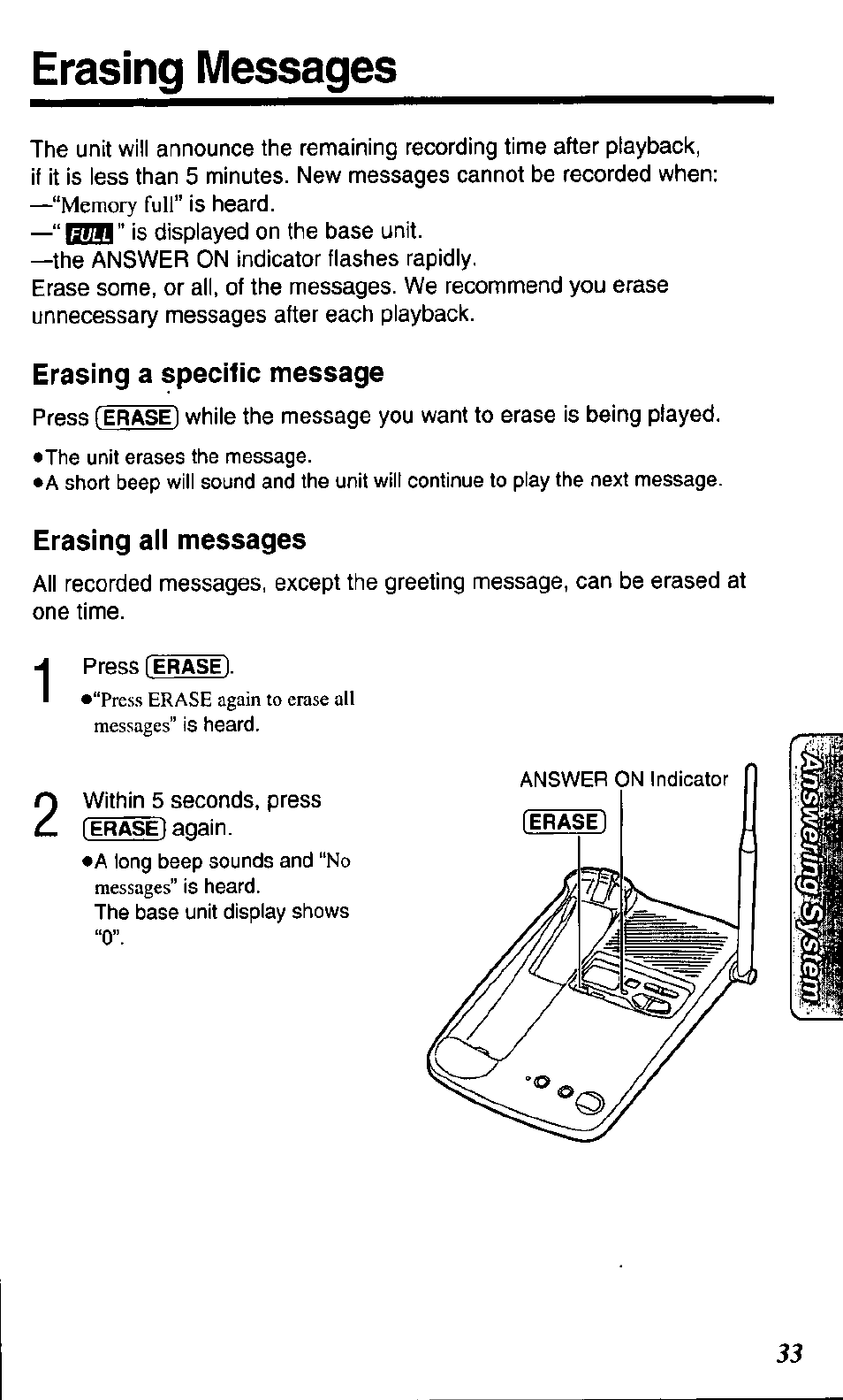 Erasing messages, Erasing a specific message, Erasing all messages | Panasonic KX TC1503B User Manual | Page 33 / 56