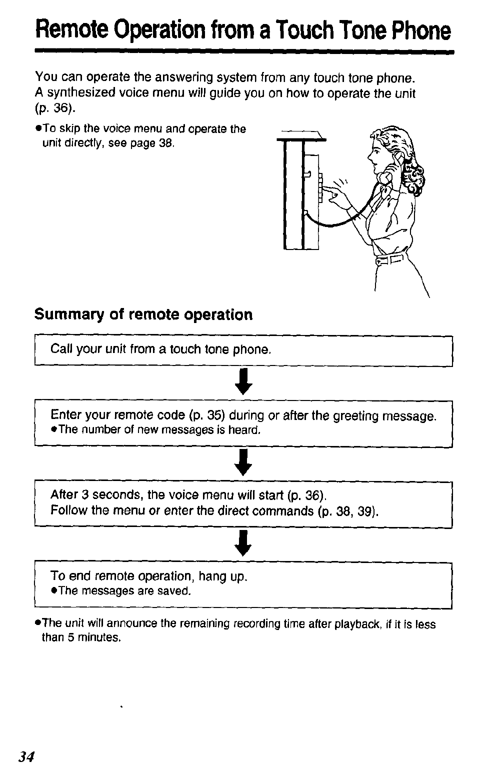 Remote operation from a touch tone phone, Summary of remote operation | Panasonic KX TC1503B User Manual | Page 34 / 56