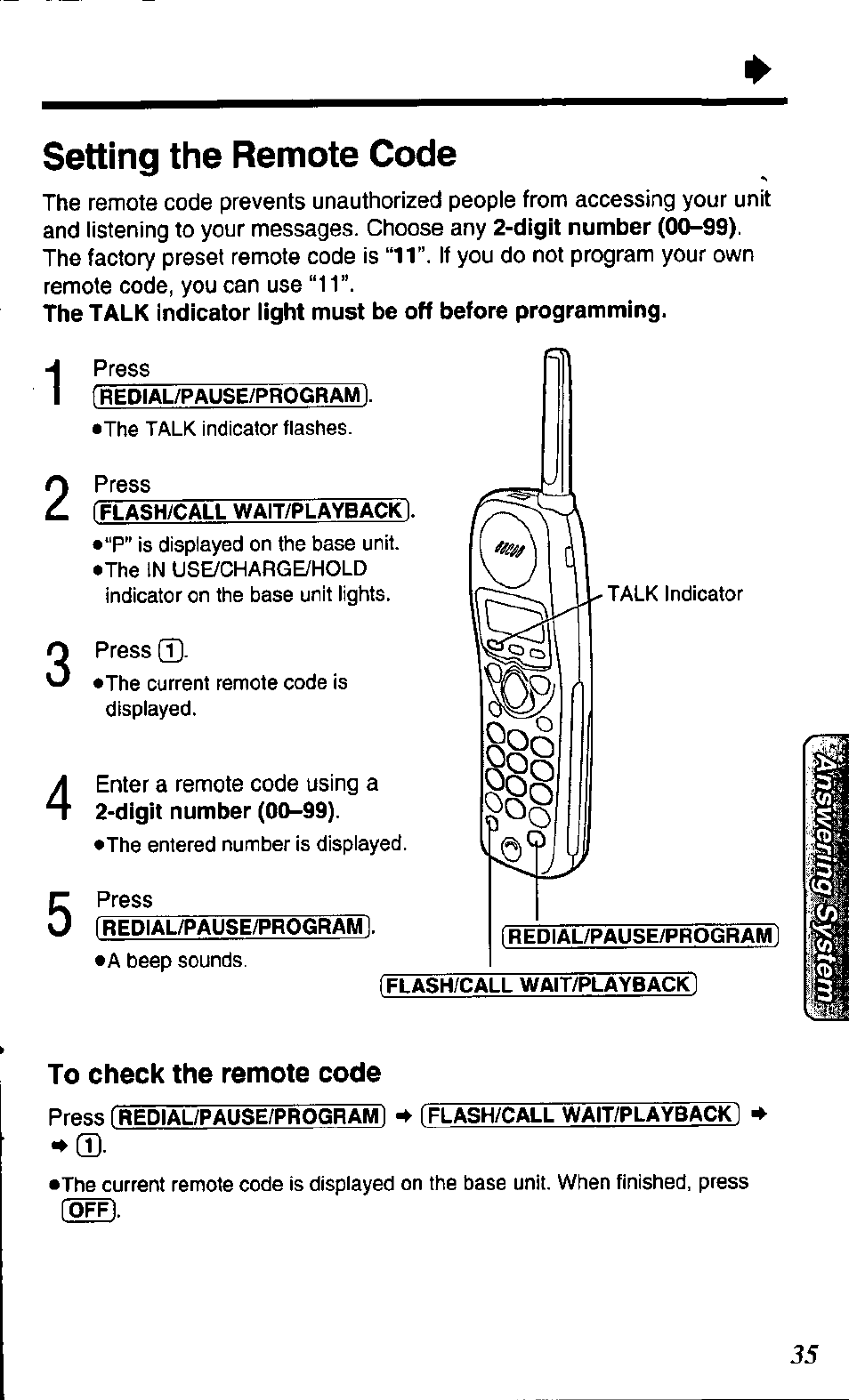 Setting the remote code, To check the remote code | Panasonic KX TC1503B User Manual | Page 35 / 56