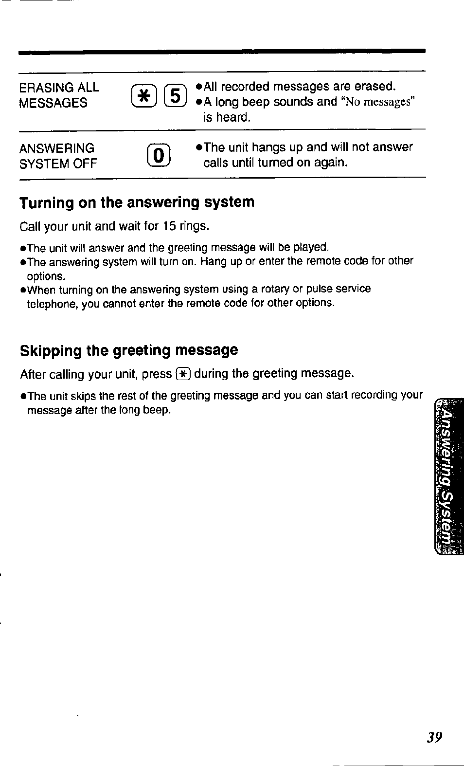 Turning on the answering system, Skipping the greeting message | Panasonic KX TC1503B User Manual | Page 39 / 56