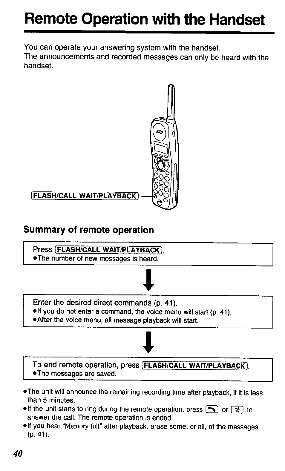 Remote operation with the handset, Summary of remote operation | Panasonic KX TC1503B User Manual | Page 40 / 56