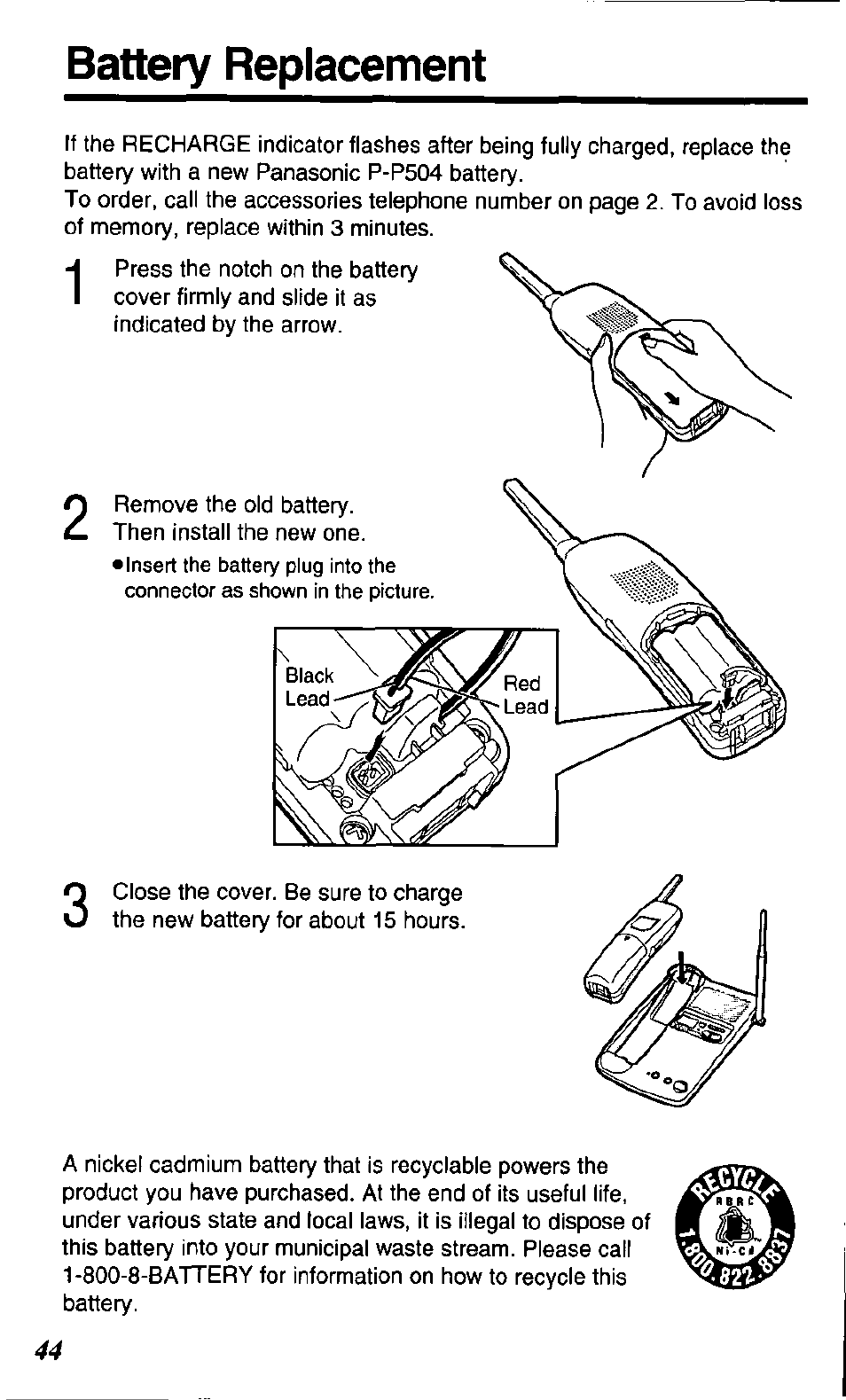 Battery replacement | Panasonic KX TC1503B User Manual | Page 44 / 56