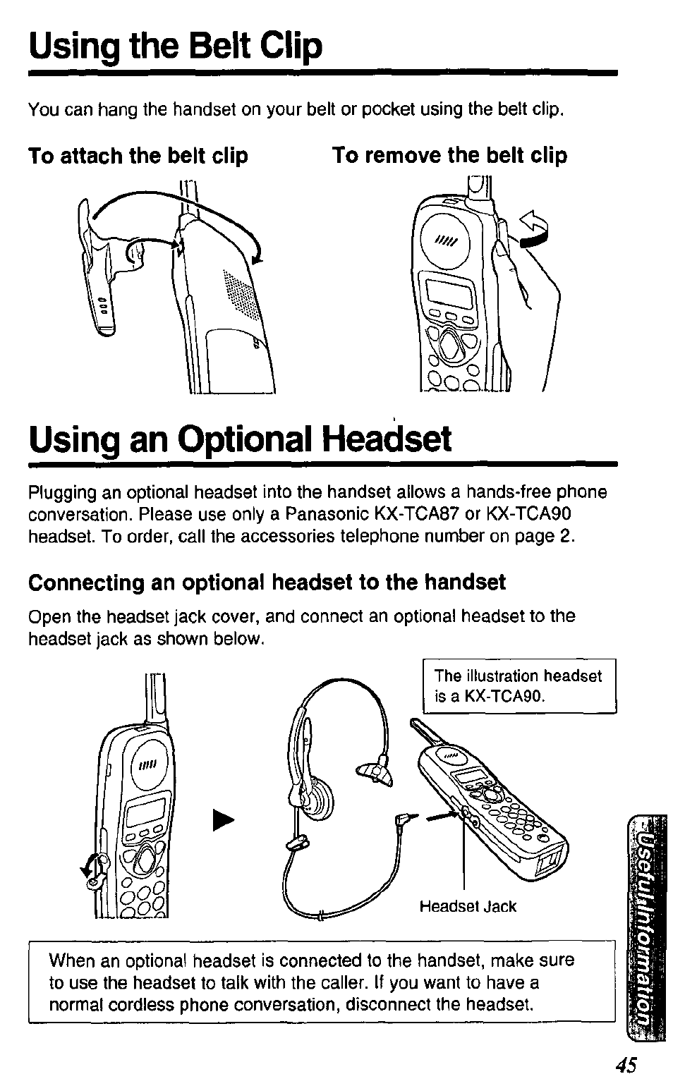 Using the belt clip, To attach the belt clip to remove the belt clip, Using an optional headset | Connecting an optional headset to the handset | Panasonic KX TC1503B User Manual | Page 45 / 56