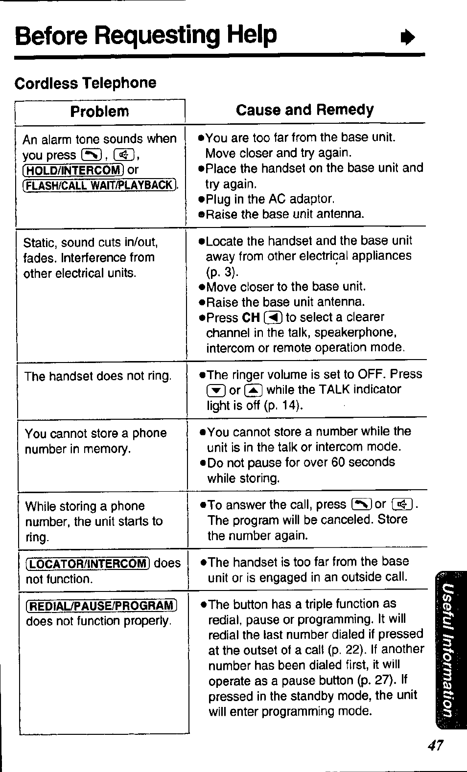 Before requesting help, Cordless telephone | Panasonic KX TC1503B User Manual | Page 47 / 56