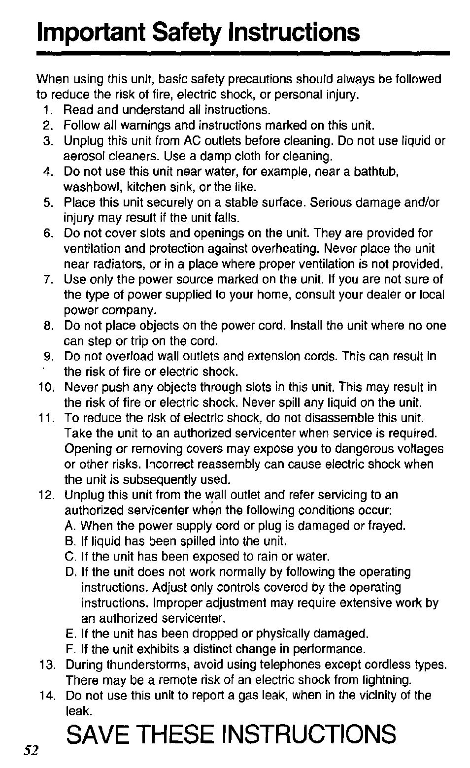 Important safety instructions, Save these instructions | Panasonic KX TC1503B User Manual | Page 52 / 56