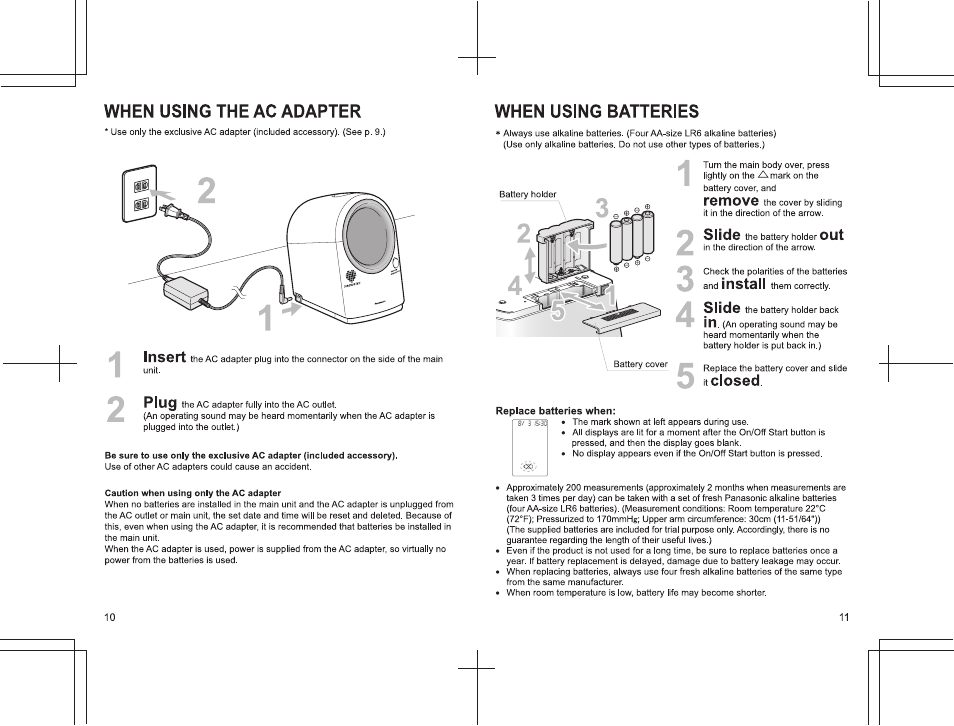 When using batteries, Closed, Remove | Slide, Install | Panasonic EW3152 User Manual | Page 11 / 54