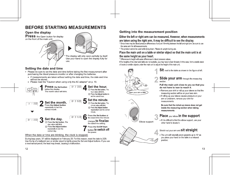 Before starting measurements, Press, 8/ 8 ;ii58 | Open the display, Setting the date and time, Set the month, Set the day, Set the hour | Panasonic EW3152 User Manual | Page 12 / 54