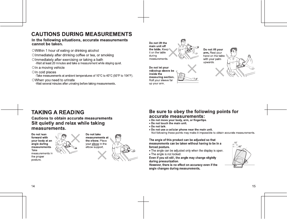 Cautions during measurements, Taking a reading, Sit quietly and relax while taking measurements | Cautions to obtain accurate measurements | Panasonic EW3152 User Manual | Page 14 / 54