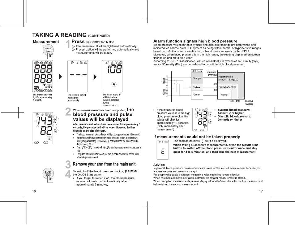 Blood pressure and pulse values will be displayed, 0 remove your arm from the main unit, Odd ooo | Np luo pop ooo, F u j, Taking a reading, Press | Panasonic EW3152 User Manual | Page 16 / 54