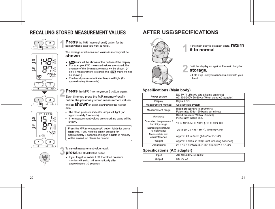 After use/specifications, It to normal, Storage | Return it to normal, Specifications (main body), Specifications (ac adapter) | Panasonic EW3152 User Manual | Page 21 / 54