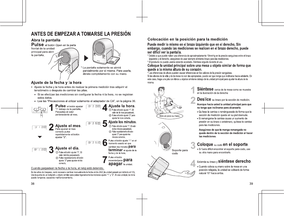 Antes de empezar a tomarse la presion, Antes de empezar a tomarse la presión, Pulse | Para apagar, Abra la pantalla, Ajuste de la fecha y la hora, Ajuste el mes, Ajuste el día, Ajuste la hora, Para terminar | Panasonic EW3152 User Manual | Page 38 / 54