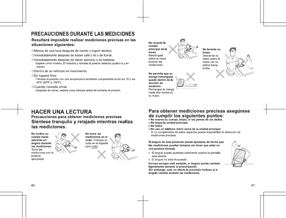 Precauciones durante las mediciones, Hacer una lectura, Precauciones para obtener mediciones precisas | Panasonic EW3152 User Manual | Page 40 / 54