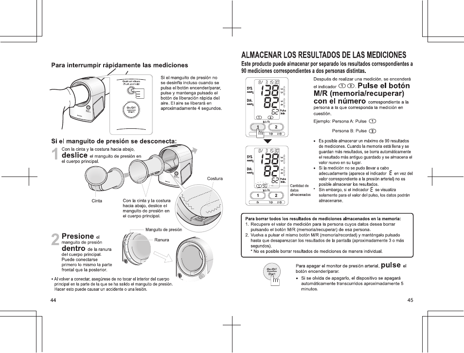 Presione ei, Deslice, Dentro | Para interrumpir rápidamente ias mediciones, Si ei manguito de presión se desconecta | Panasonic EW3152 User Manual | Page 44 / 54