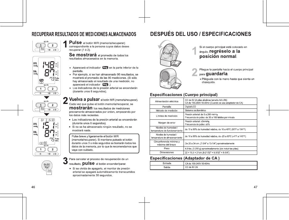 Recuperar resultados de mediciones almacenados, Pulse, Se mostrará | Vuelva a pulsar, Mostrarán | Panasonic EW3152 User Manual | Page 46 / 54