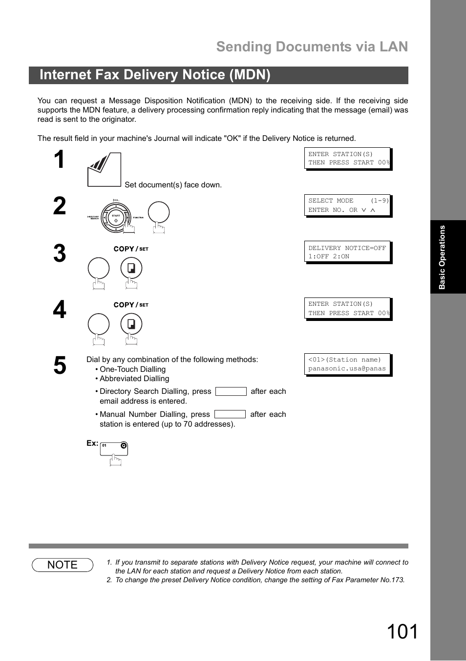 Internet fax delivery notice (mdn), Sending documents via lan | Panasonic DX-600 User Manual | Page 101 / 255