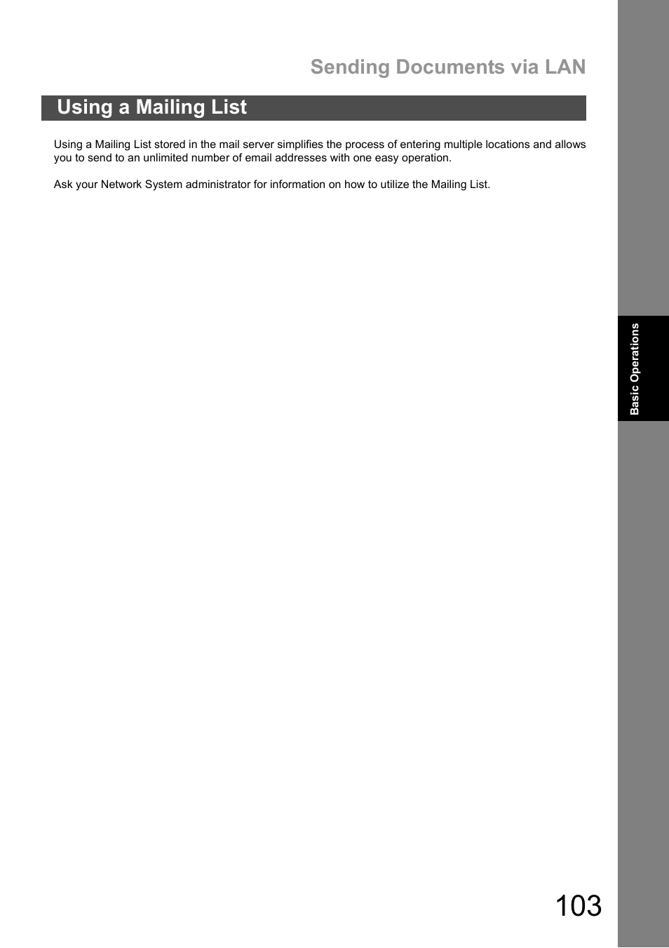 Using a mailing list, Sending documents via lan | Panasonic DX-600 User Manual | Page 103 / 255
