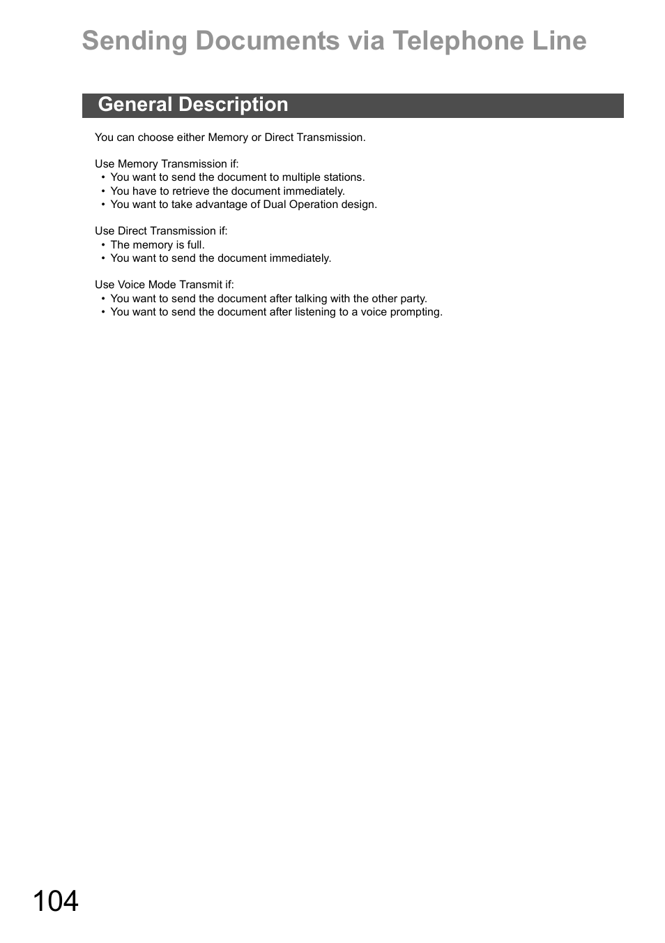 Sending documents via telephone line, General description | Panasonic DX-600 User Manual | Page 104 / 255
