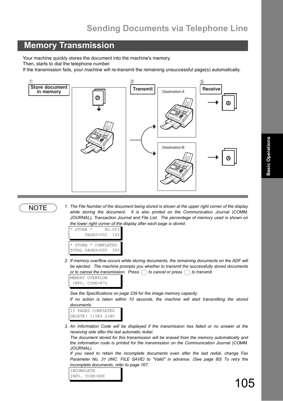Memory transmission, Sending documents via telephone line | Panasonic DX-600 User Manual | Page 105 / 255
