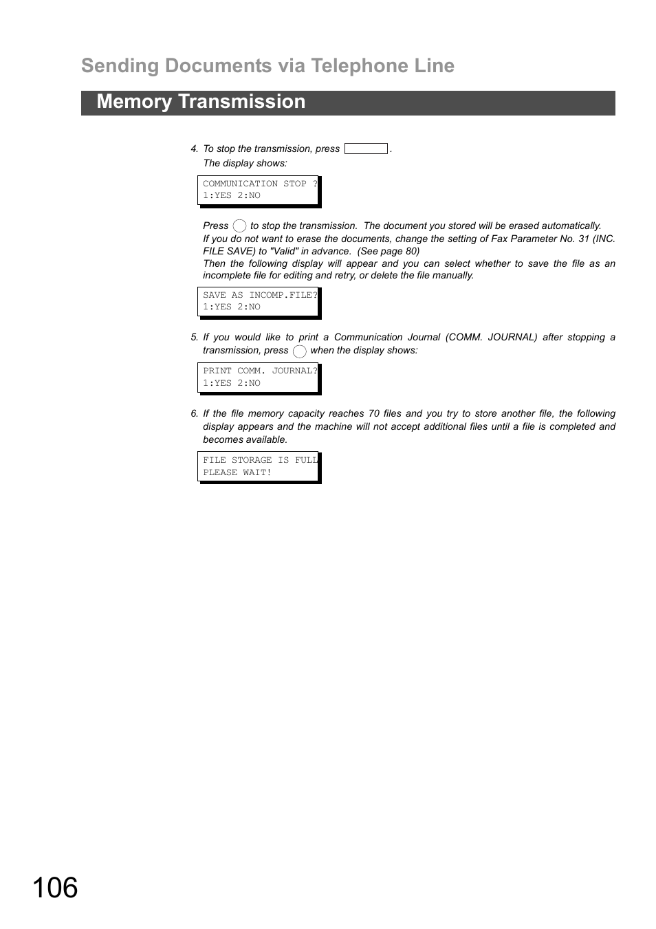 Sending documents via telephone line | Panasonic DX-600 User Manual | Page 106 / 255