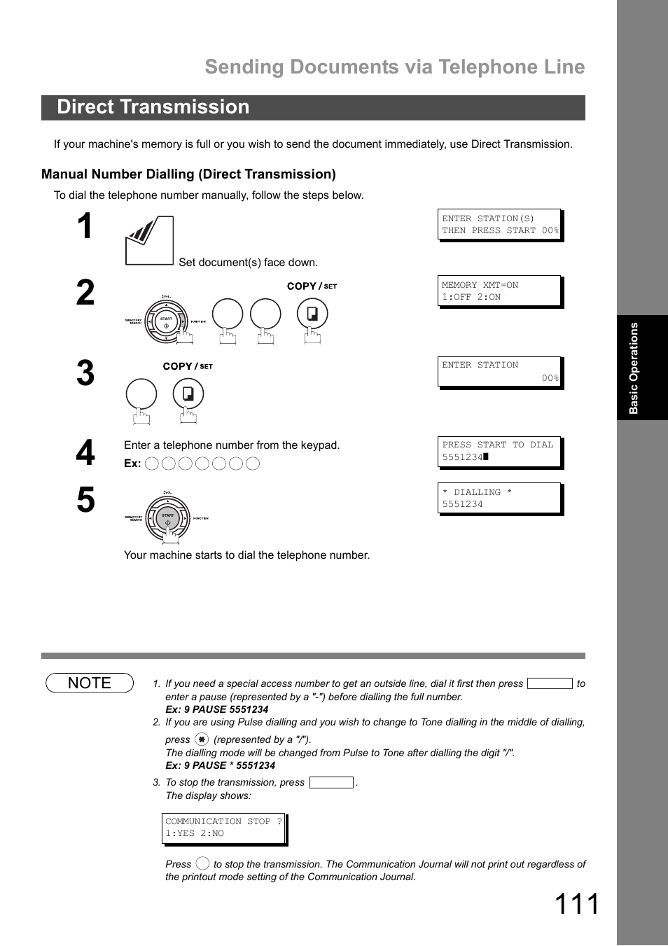 Direct transmission, Sending documents via telephone line | Panasonic DX-600 User Manual | Page 111 / 255