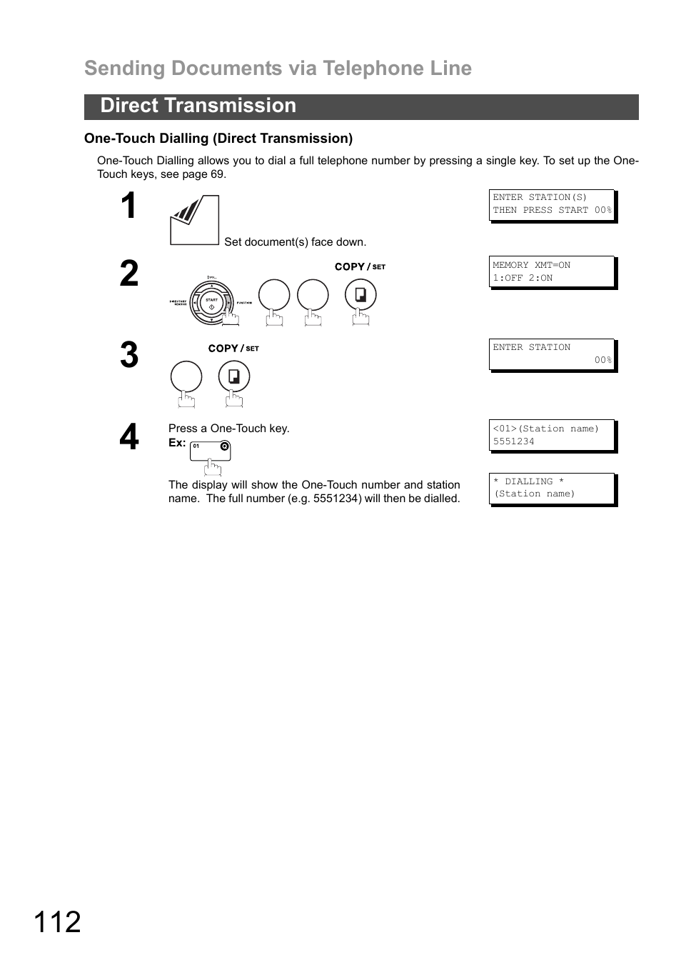 Sending documents via telephone line, Direct transmission | Panasonic DX-600 User Manual | Page 112 / 255