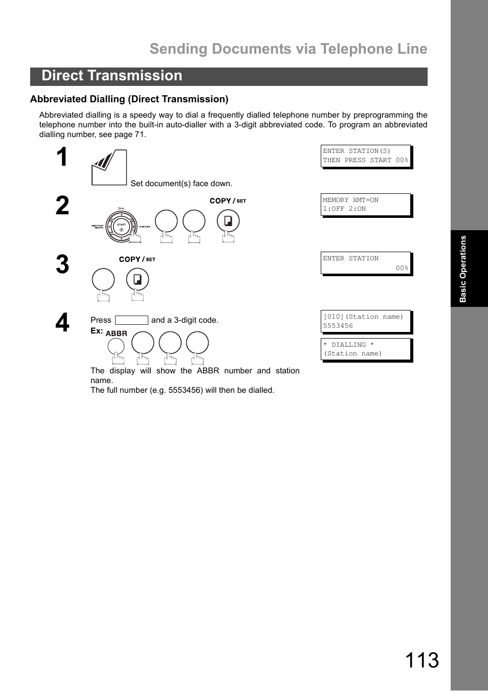 Sending documents via telephone line, Direct transmission | Panasonic DX-600 User Manual | Page 113 / 255