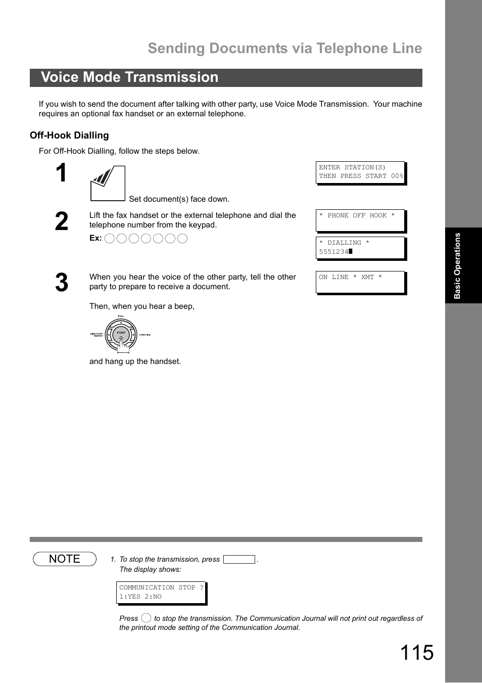 Voice mode transmission, Sending documents via telephone line | Panasonic DX-600 User Manual | Page 115 / 255