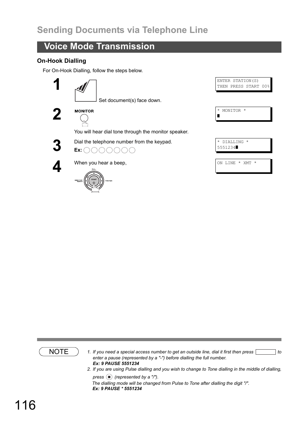 Sending documents via telephone line, Voice mode transmission | Panasonic DX-600 User Manual | Page 116 / 255