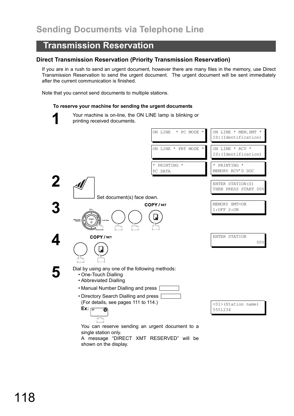 Sending documents via telephone line, Transmission reservation | Panasonic DX-600 User Manual | Page 118 / 255