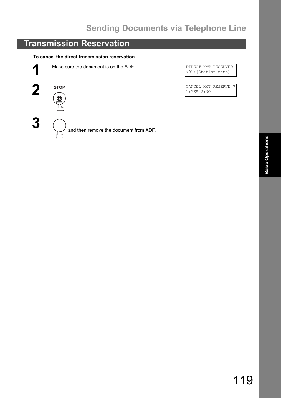 Sending documents via telephone line, Transmission reservation | Panasonic DX-600 User Manual | Page 119 / 255