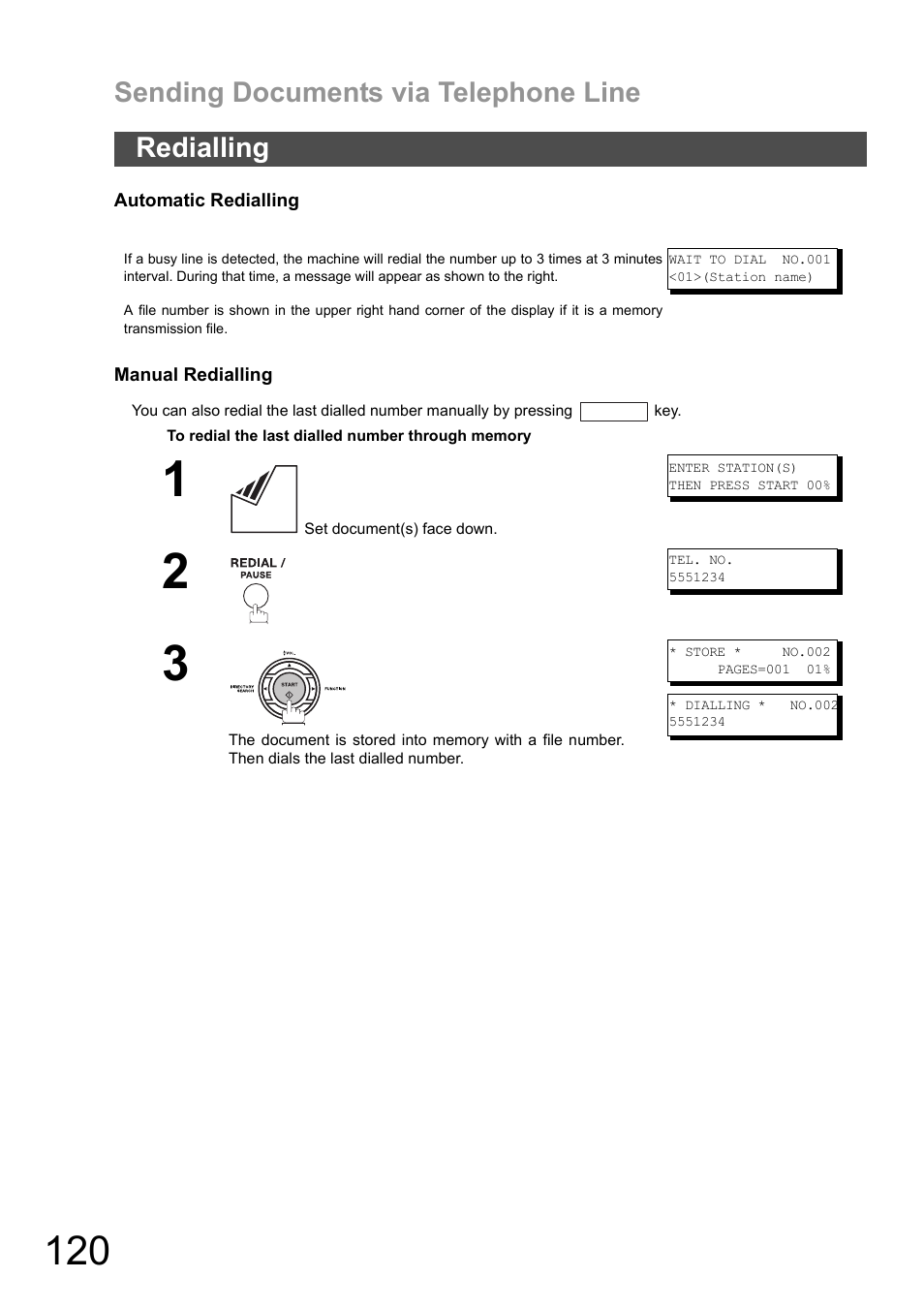 Redialling, Sending documents via telephone line | Panasonic DX-600 User Manual | Page 120 / 255
