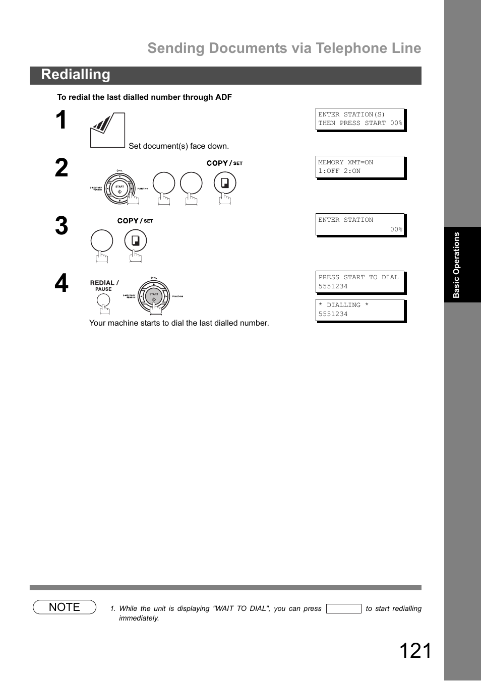 Sending documents via telephone line, Redialling | Panasonic DX-600 User Manual | Page 121 / 255