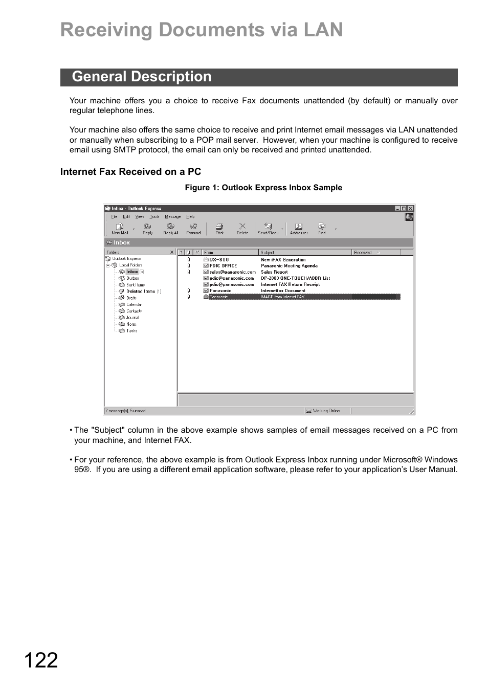 Receiving documents via lan, General description | Panasonic DX-600 User Manual | Page 122 / 255