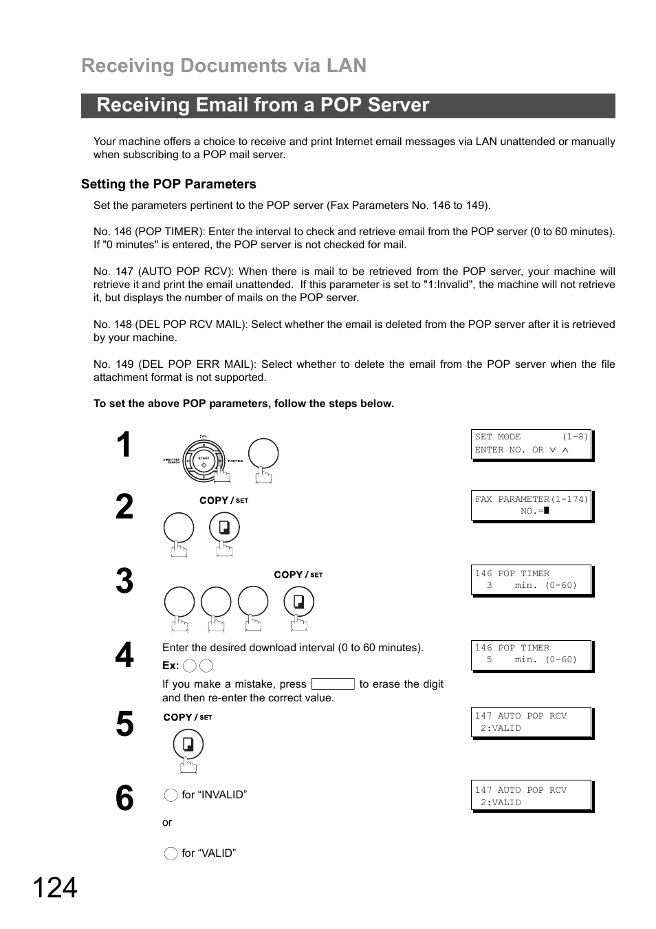Receiving email from a pop server, Receiving documents via lan | Panasonic DX-600 User Manual | Page 124 / 255