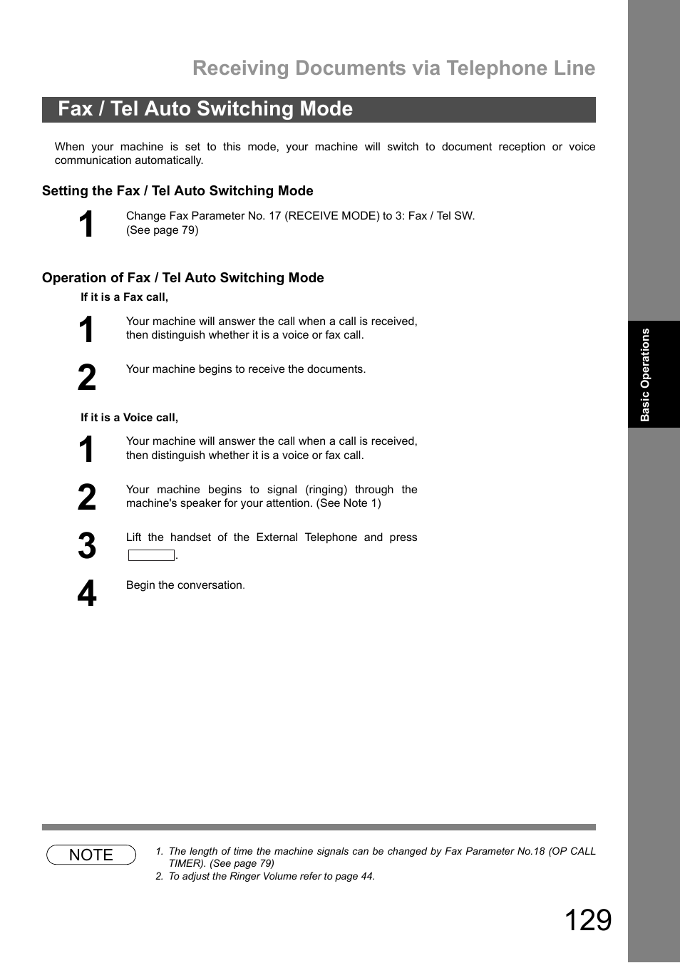 Fax / tel auto switching mode, Receiving documents via telephone line | Panasonic DX-600 User Manual | Page 129 / 255