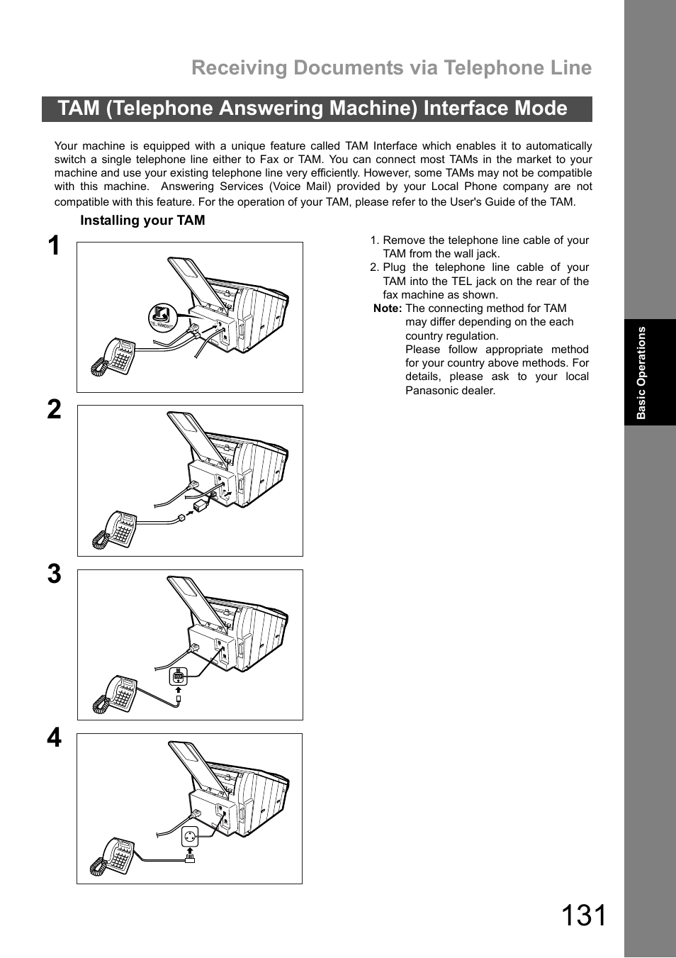 Tam (telephone answering machine) interface mode, Receiving documents via telephone line | Panasonic DX-600 User Manual | Page 131 / 255