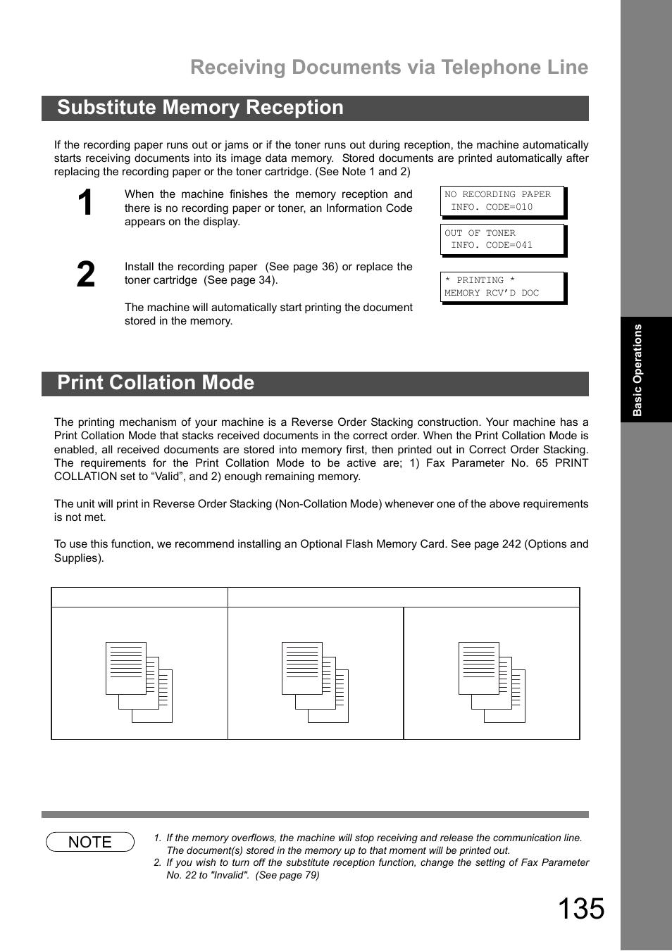 Substitute memory reception, Print collation mode, Substitute memory reception print collation mode | Receiving documents via telephone line | Panasonic DX-600 User Manual | Page 135 / 255
