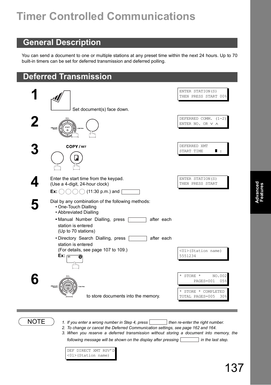 Advanced features, Timer controlled communications, General description | Deferred transmission, General description deferred transmission | Panasonic DX-600 User Manual | Page 137 / 255