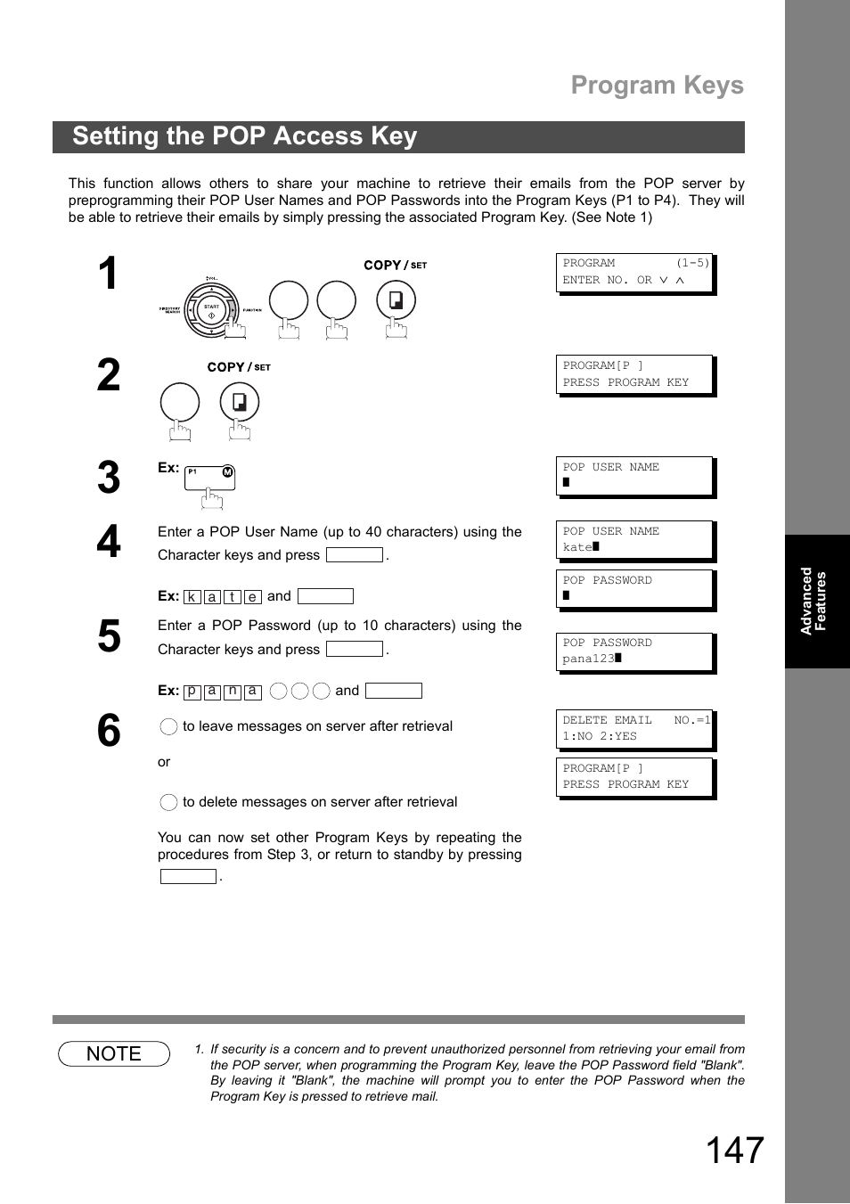 Setting the pop access key, Program keys | Panasonic DX-600 User Manual | Page 147 / 255