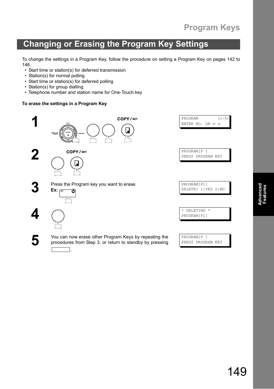 Changing or erasing the program key settings, Program keys | Panasonic DX-600 User Manual | Page 149 / 255