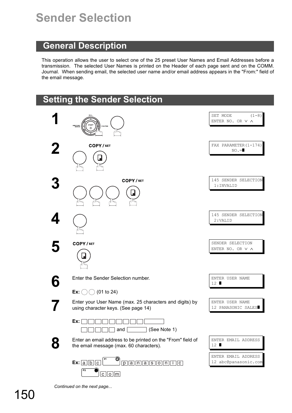 Sender selection, General description, Setting the sender selection | General description setting the sender selection | Panasonic DX-600 User Manual | Page 150 / 255