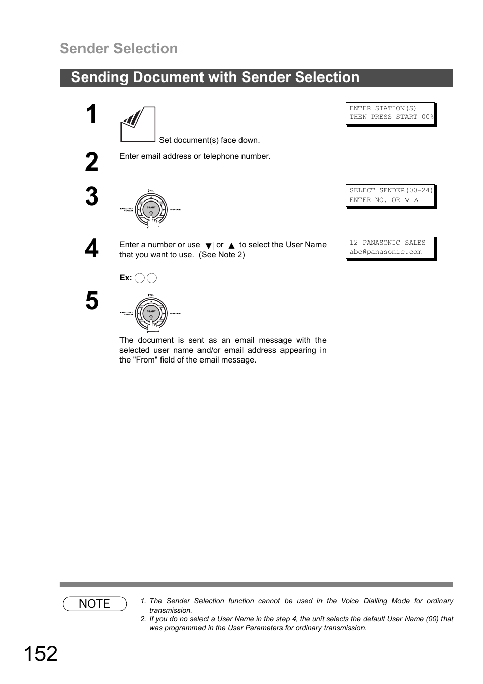Sending document with sender selection, Sender selection | Panasonic DX-600 User Manual | Page 152 / 255