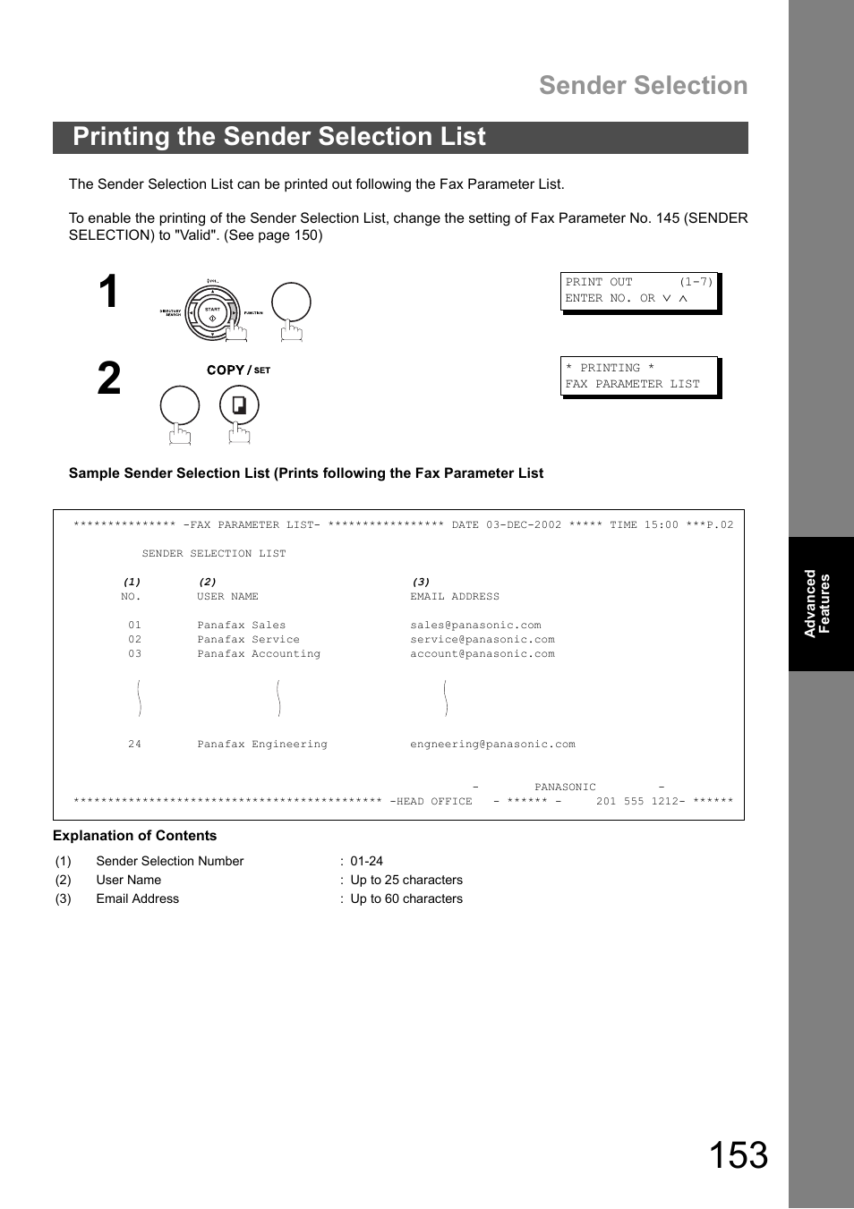 Printing the sender selection list, Sender selection | Panasonic DX-600 User Manual | Page 153 / 255