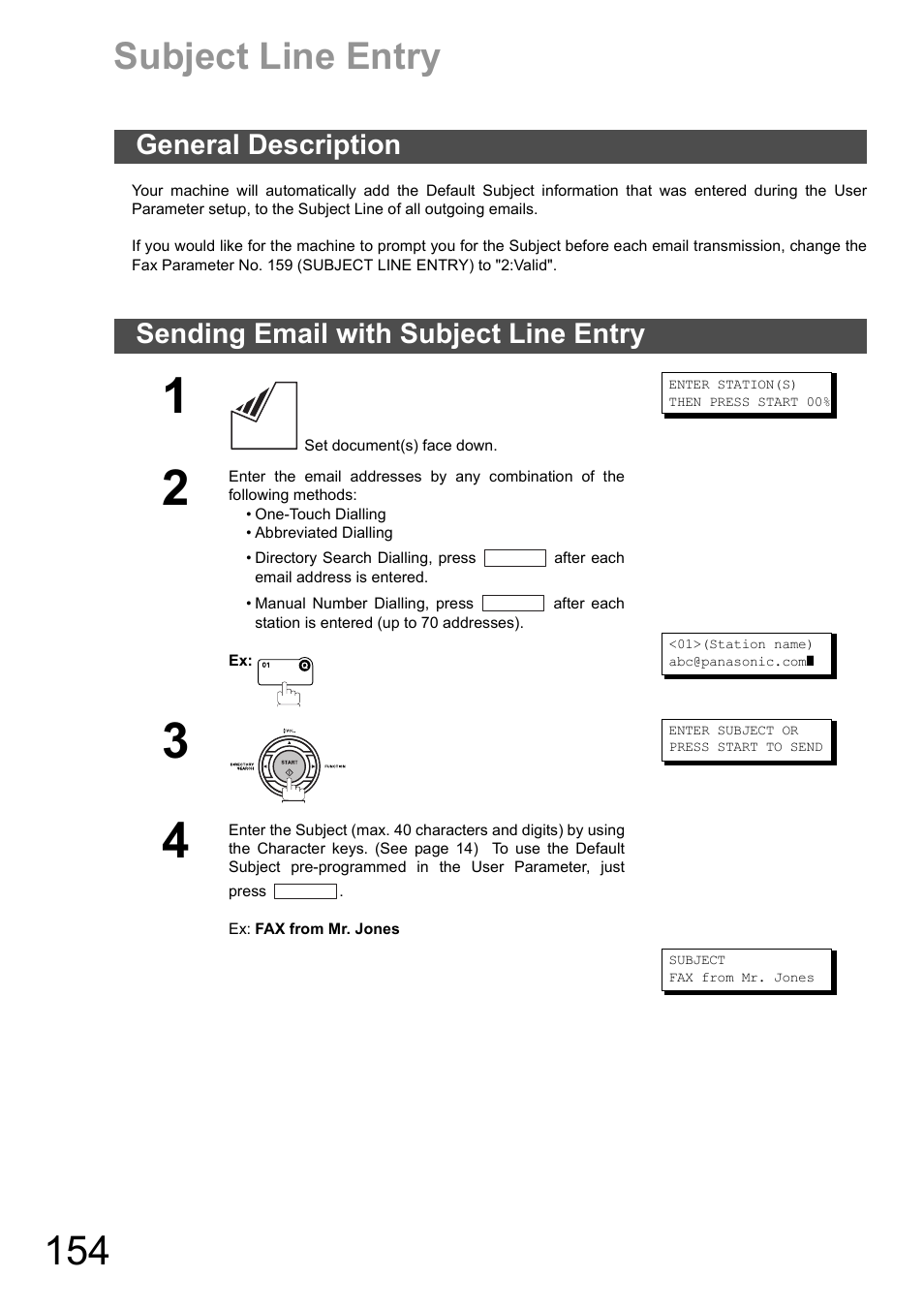 Subject line entry, General description, Sending email with subject line entry | Panasonic DX-600 User Manual | Page 154 / 255