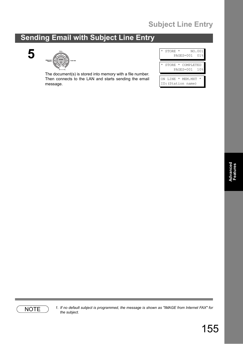 Subject line entry, Sending email with subject line entry | Panasonic DX-600 User Manual | Page 155 / 255