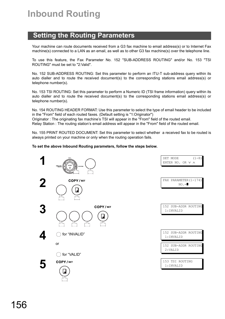 Inbound routing, Setting the routing parameters, 156 to 159 | 156 to | Panasonic DX-600 User Manual | Page 156 / 255