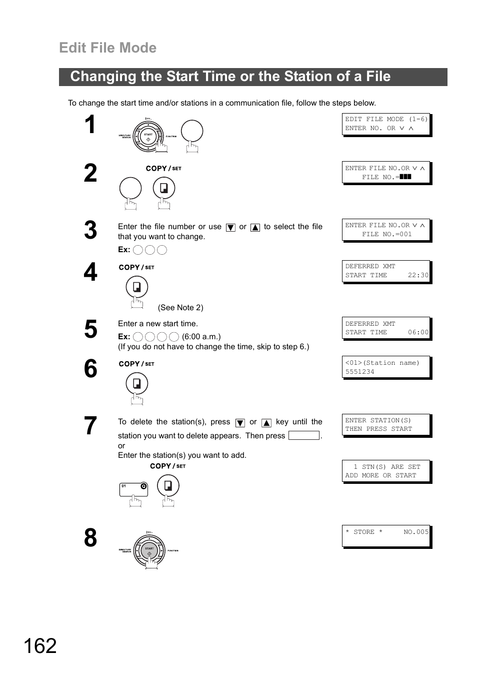 Changing the start time or the station of a file, Ge 162, Edit file mode | Panasonic DX-600 User Manual | Page 162 / 255